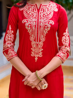 Thumbnail for Sequined & Zari Embroidered Kurta With Pant & Net Dupatta, Red - Hiral Fashion - Distacart