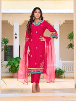Thumbnail for Embroidered Kurta With Pant & Lace Dupatta, Pink - Hiral Fashion - Distacart