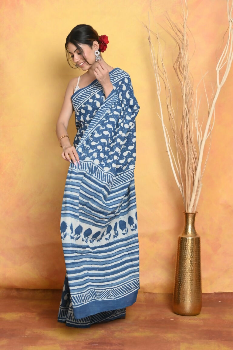 Very Much Indian Handblock Printed Cotton Saree With Natural Dyes - Blue - Distacart