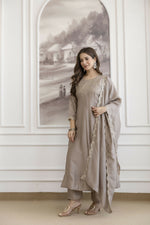 Thumbnail for The52 Chiku Women's Beautiful Vichitra Silk Fabric Embroidered Work Flared Anarkali Pant and Dupatta Set