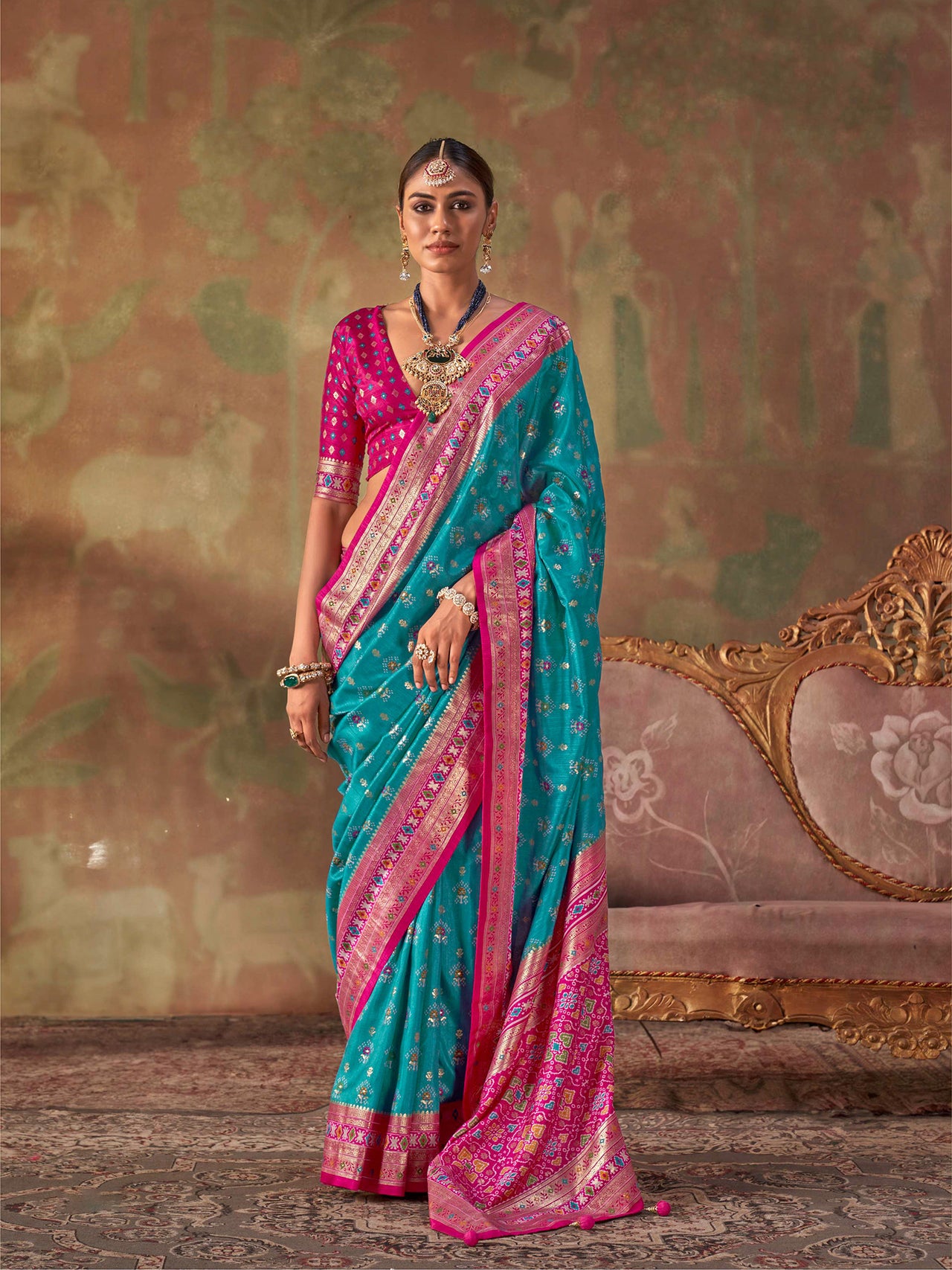 Elora Turquoise Blue Soft Silk Patola Printed Saree For Women