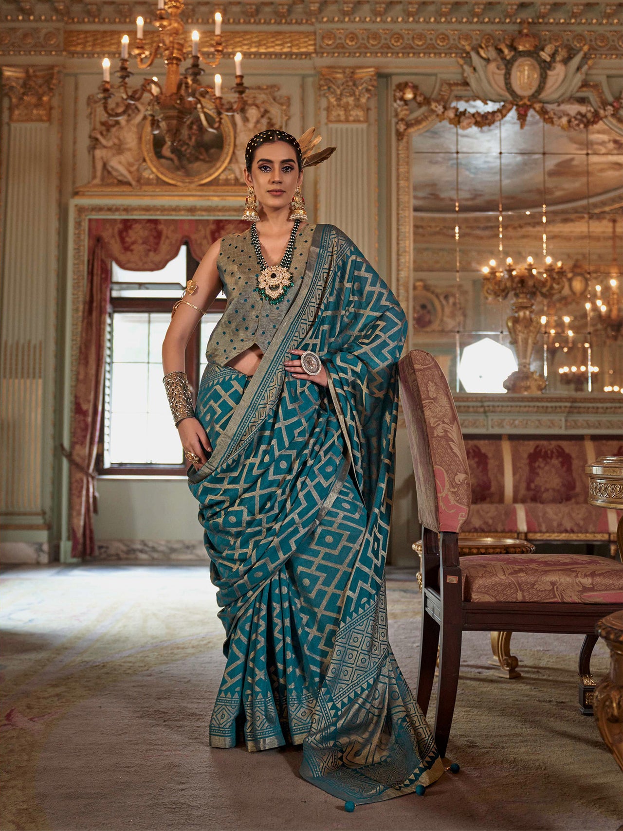 Elora Turquoise Blue P.V. Georgette Checks Zari Work With Burnout Soft Finish Bollywood Saree