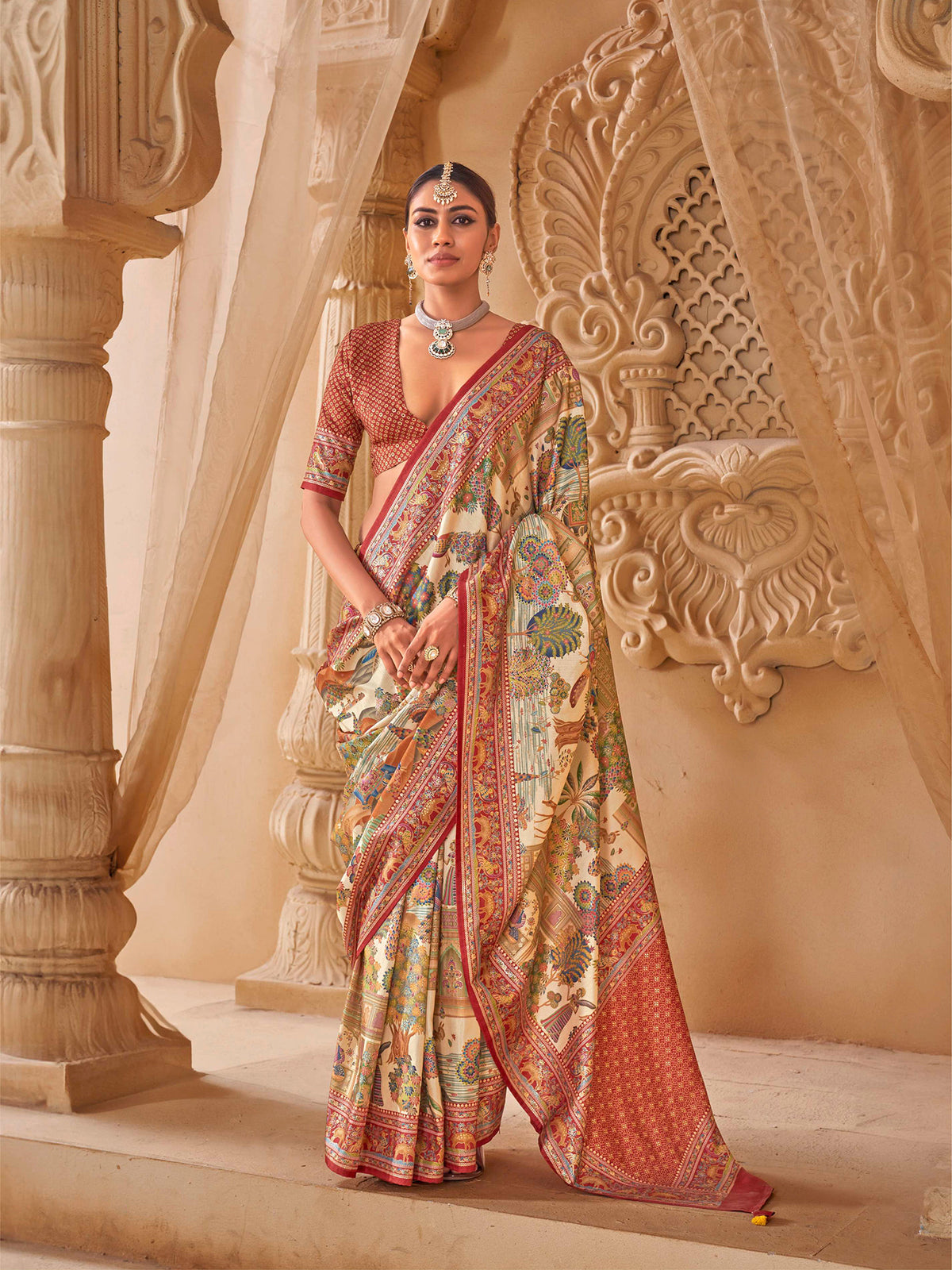 Elora Ivory P.V. Silk Pictorial And Cultural Motifs Position Printing Kalamkari Saree
