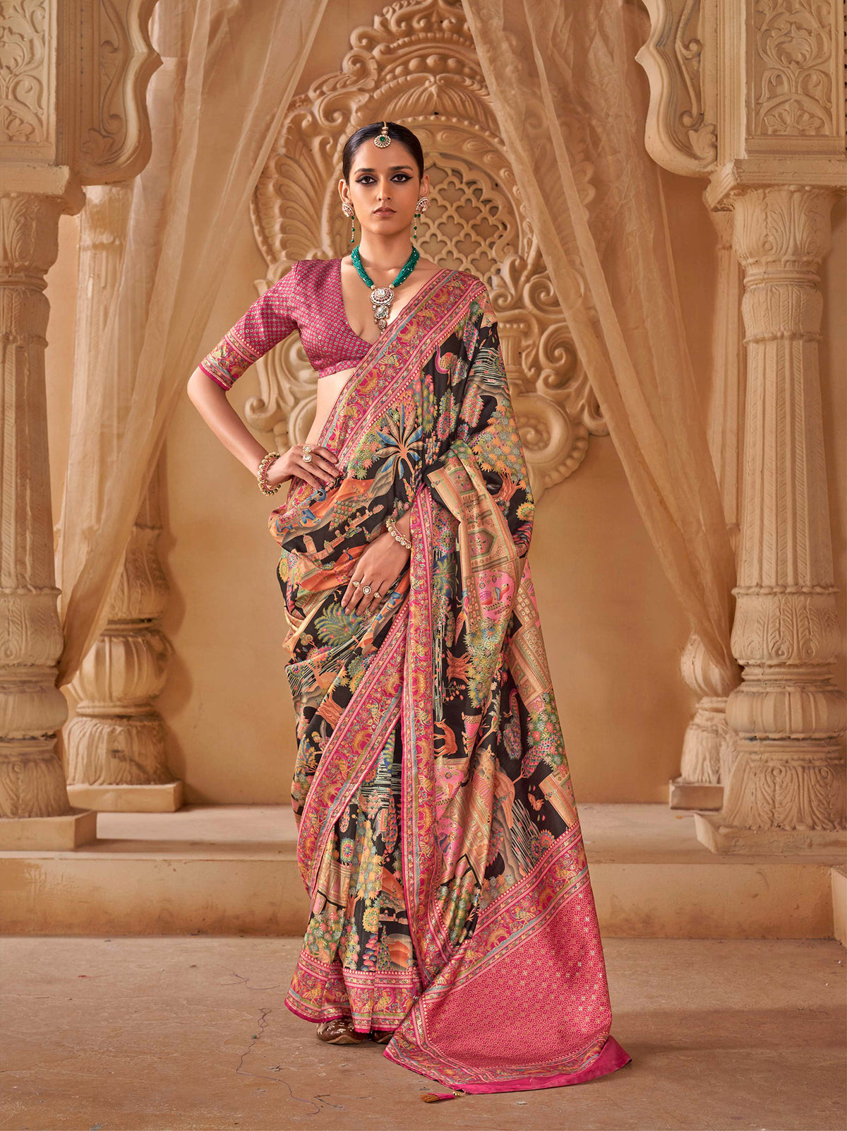 Elora Black P.V. Silk Pictorial And Cultural Motifs Position Printing Kalamkari Saree