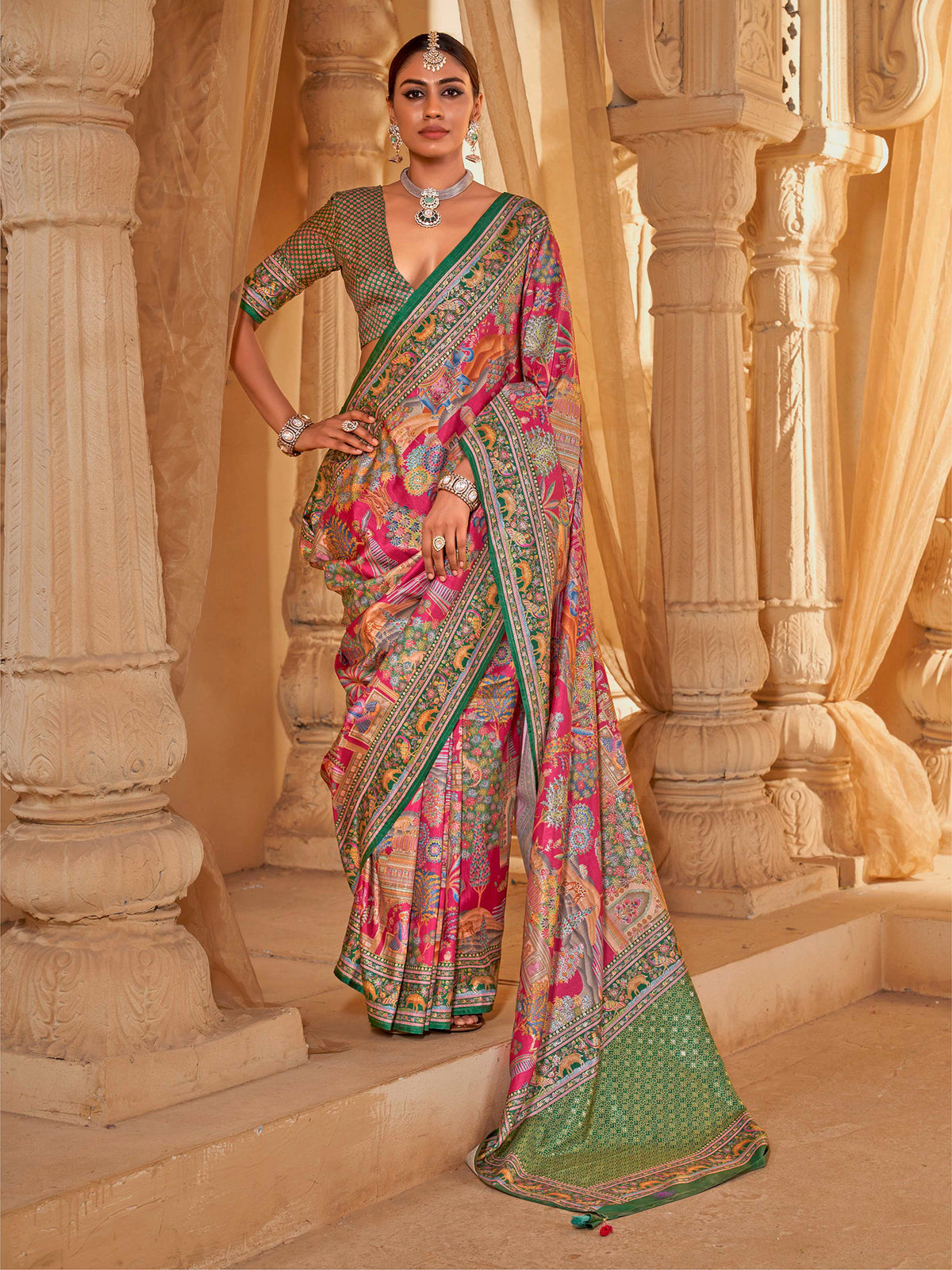 Elora Pink P.V. Silk Pictorial And Cultural Motifs Position Printing Kalamkari Saree