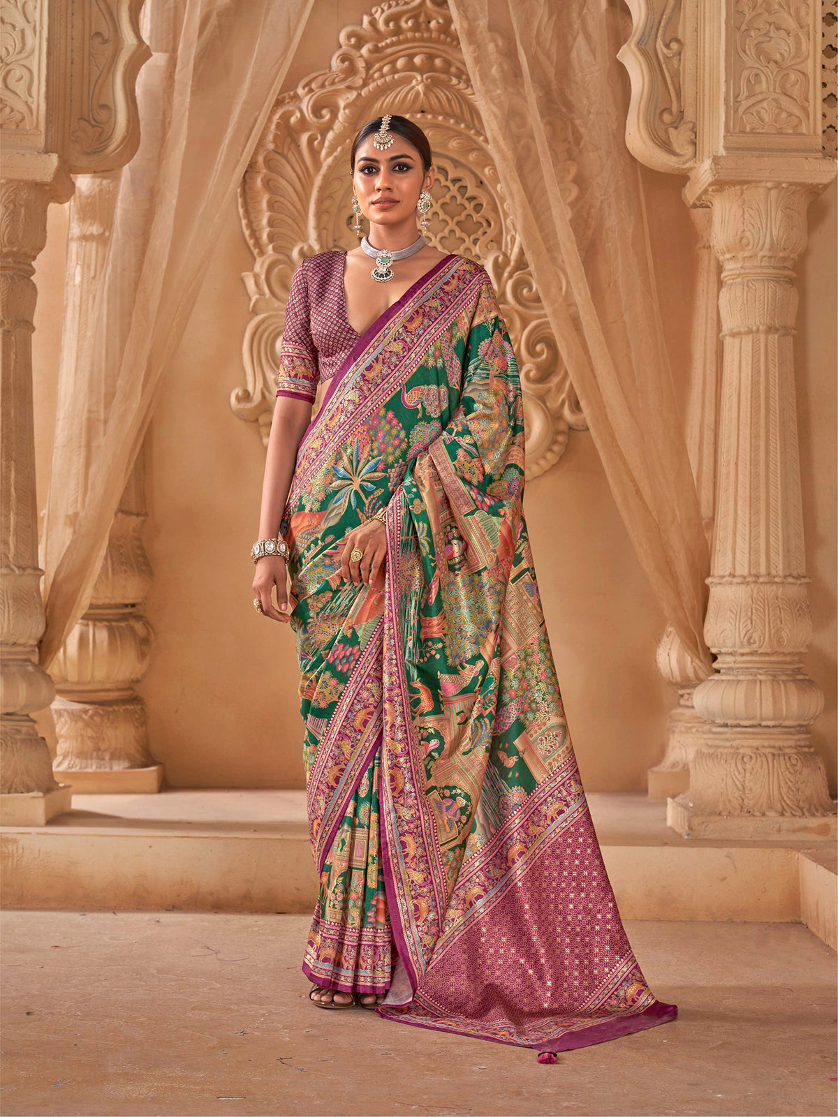 Elora Dark Green P.V. Silk Pictorial And Cultural Motifs Position Printing Kalamkari Saree