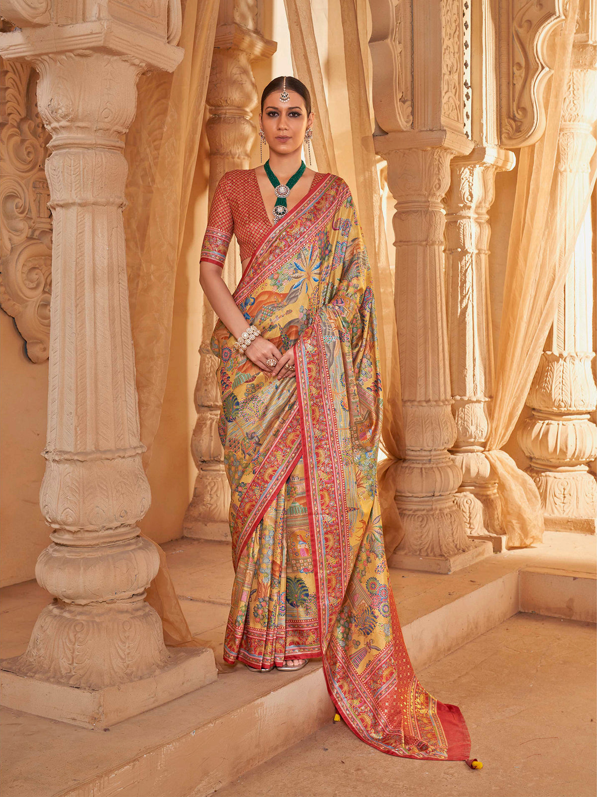 Elora Yellow P.V. Silk Pictorial And Cultural Motifs Position Printing Kalamkari Saree
