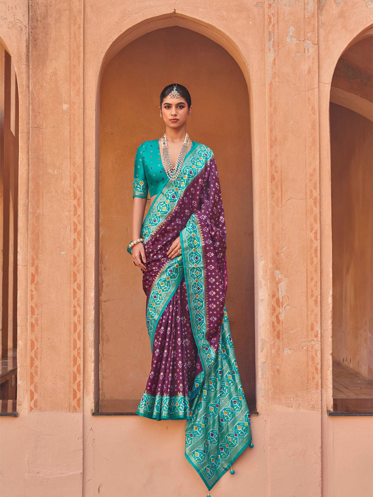 Elora Wine Soft Silk Patola Printed Saree