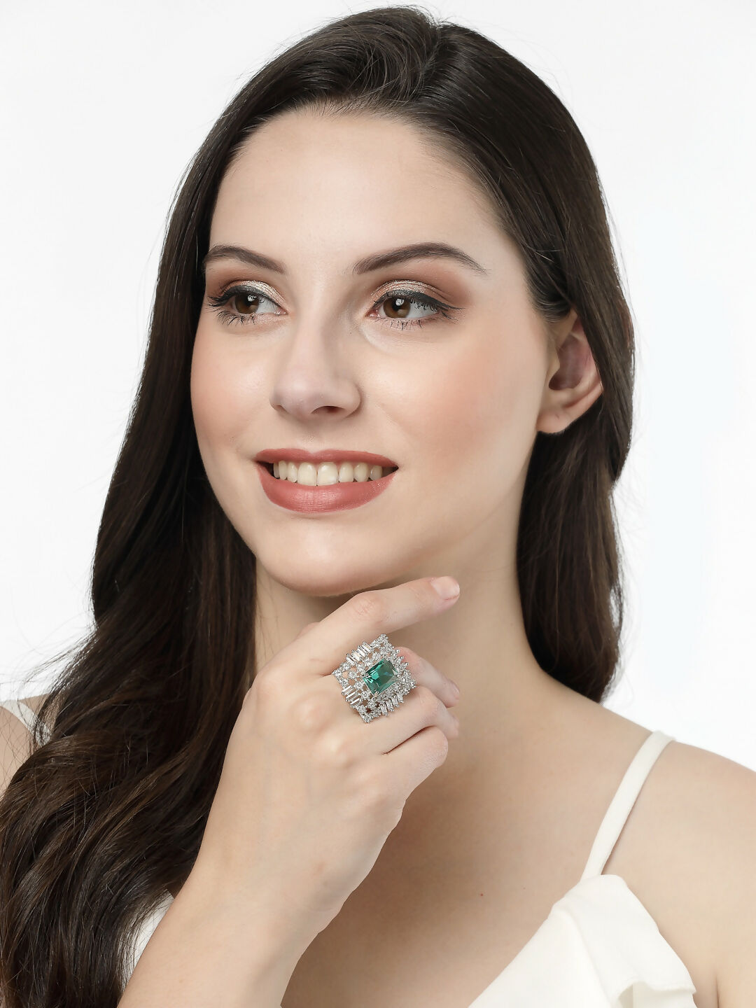 NVR Women's Green & Silver CZ-Studded Square-Shaped Adjustable Finger Ring - Distacart