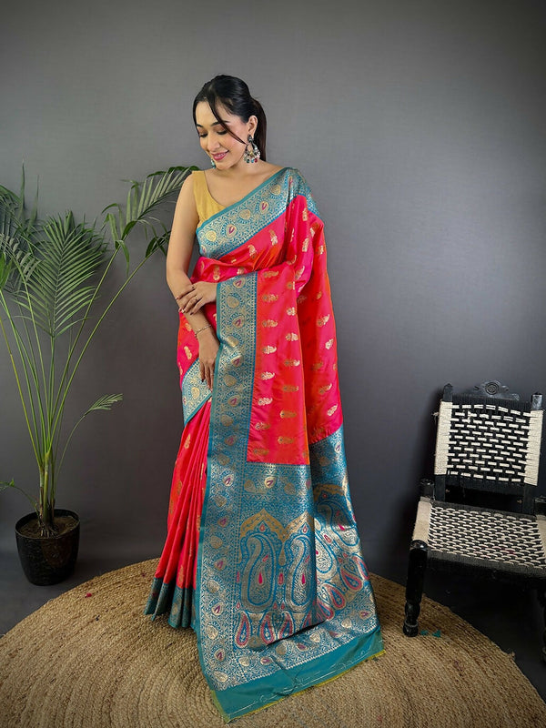Joban Fashion Banarasi Pink Woven Butti Soft Silk Saree