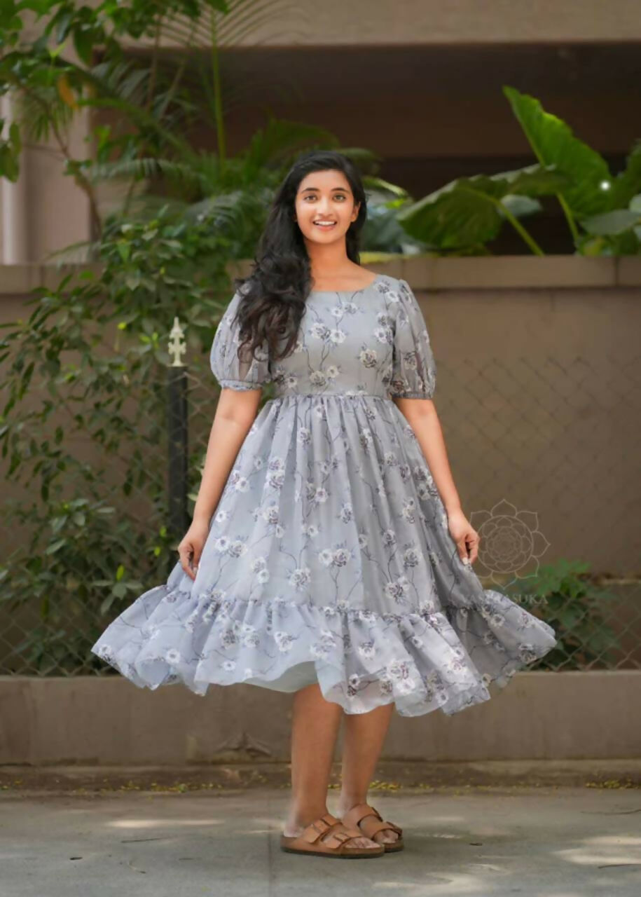 Preksha Creation Georgette Floral Printed Women Grey Short Gown - Distacart
