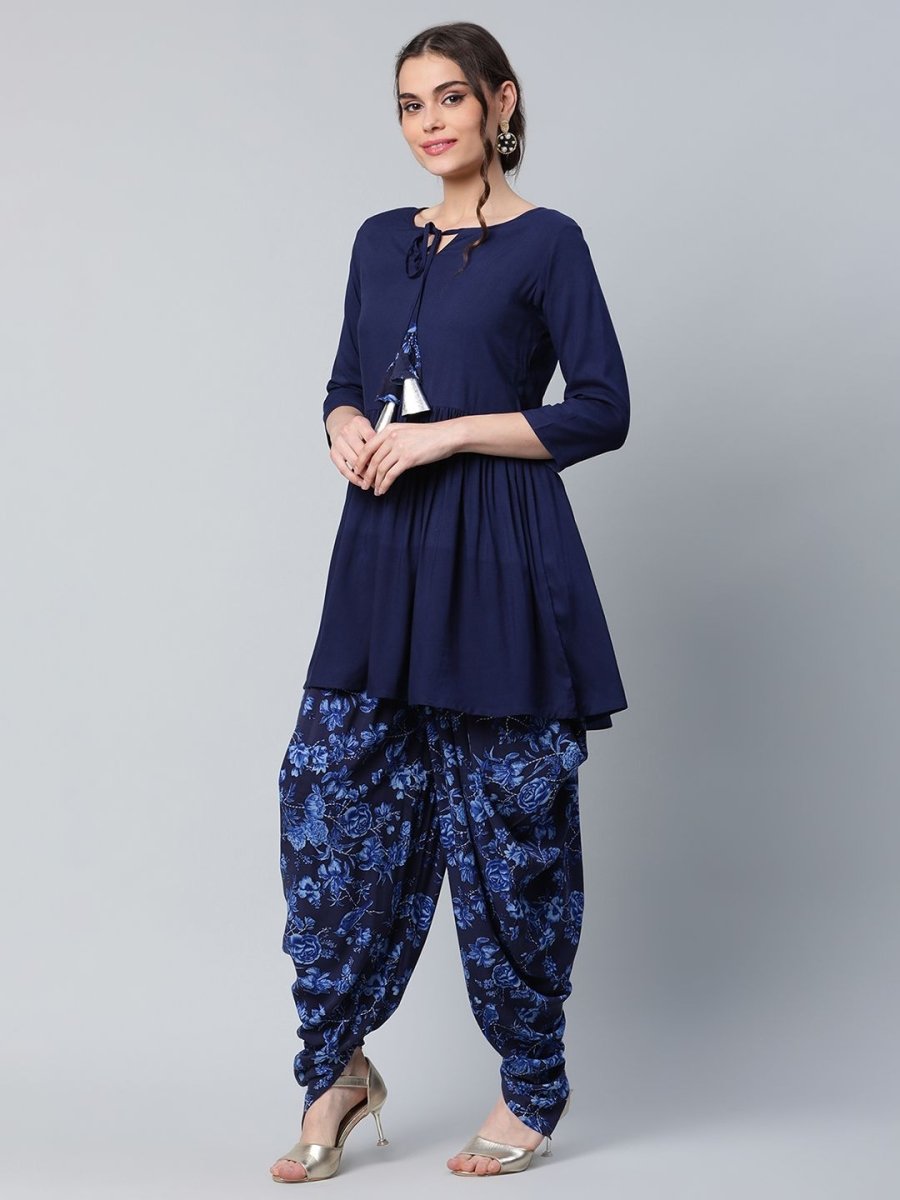Ahalyaa Women Navy Blue Rayon Floral Empire Kurti with Dhoti Pants - Distacart