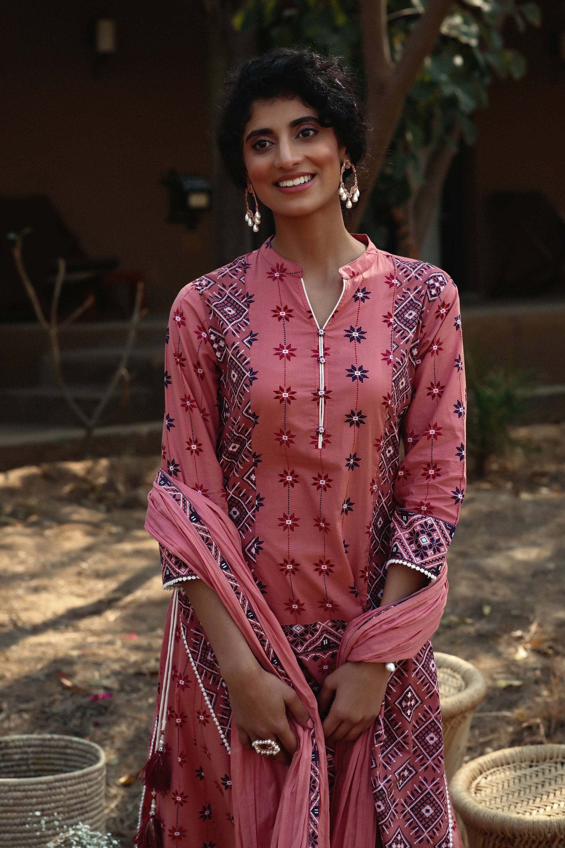 Juniper Peach Geometric Printed Pure Cotton Kurta & Palazzo Set with Lace Work - Distacart