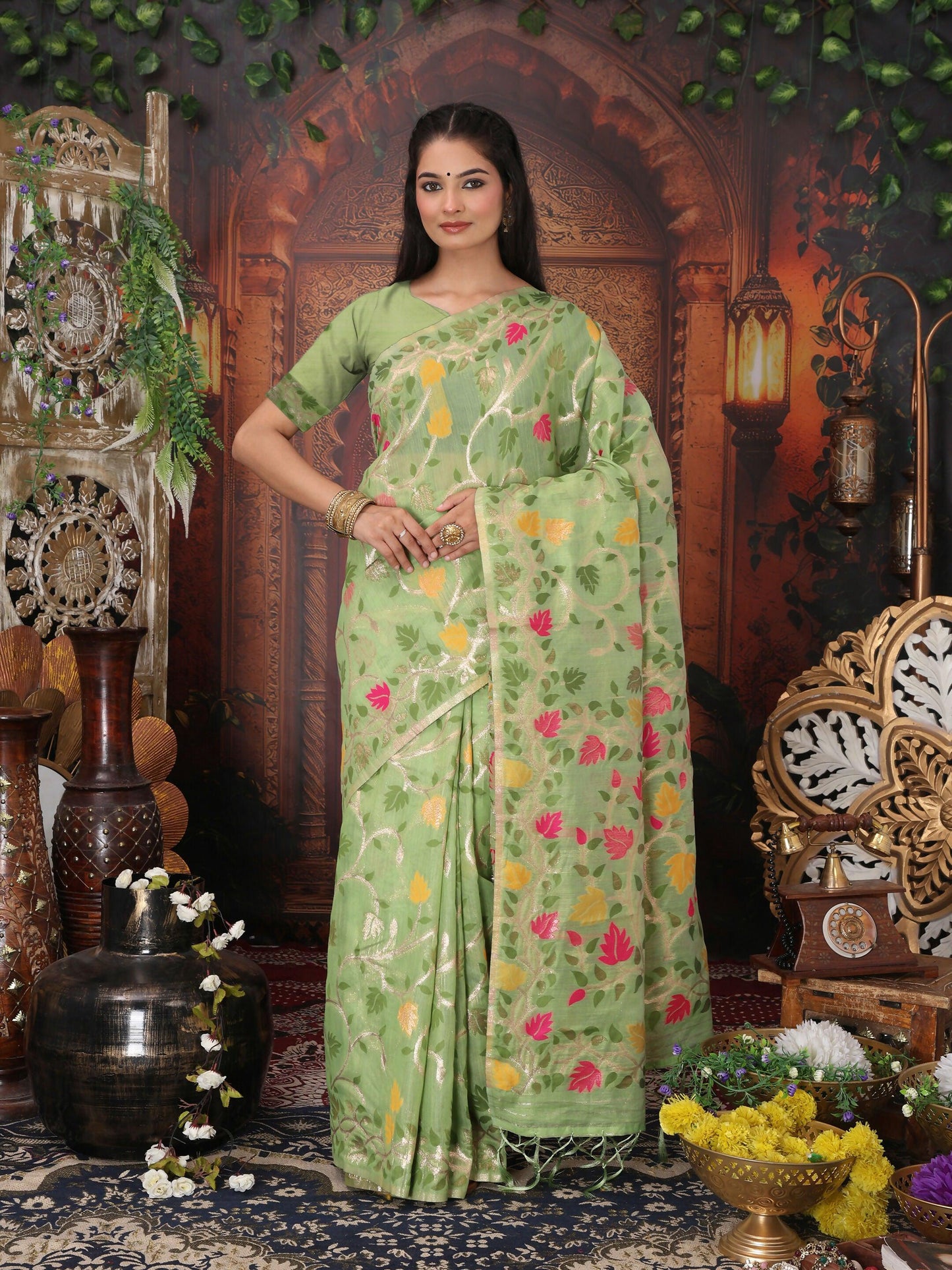 Shree Shyam Fashion Linen Cotton Green Saree - Distacart