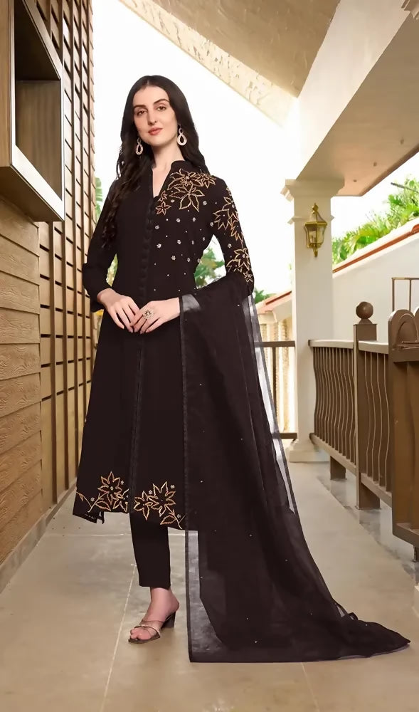 Nikhaar Brown Embroidered Georgette Straight Cut Readymade Pakistani Suit