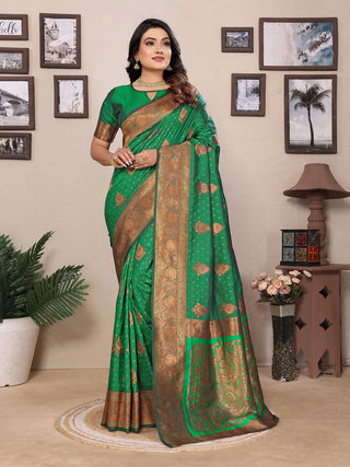 Joban Fashion Banarasi Green Woven Soft Silk Saree
