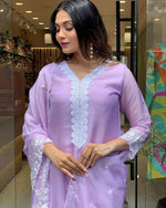 Thumbnail for The52 Lavender Women's Gorgeous Embroidered Georgette Fabric Straight Kurta Pant with Dupatta Set - Distacart