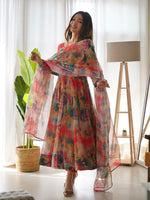 Thumbnail for Lorenvalley Fashion Women Tabby Organza Silk Fully Flair Kali Pattern Anarkali Pant With Dupatta Set - Red - Distacart