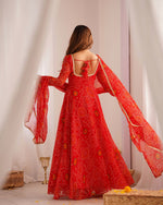 Thumbnail for Evanik Red Pure Lightweight Chiffon Bandhej Design Anarkali Pant With Dupatta