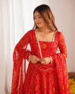 Thumbnail for Evanik Red Pure Lightweight Chiffon Bandhej Design Anarkali Pant With Dupatta