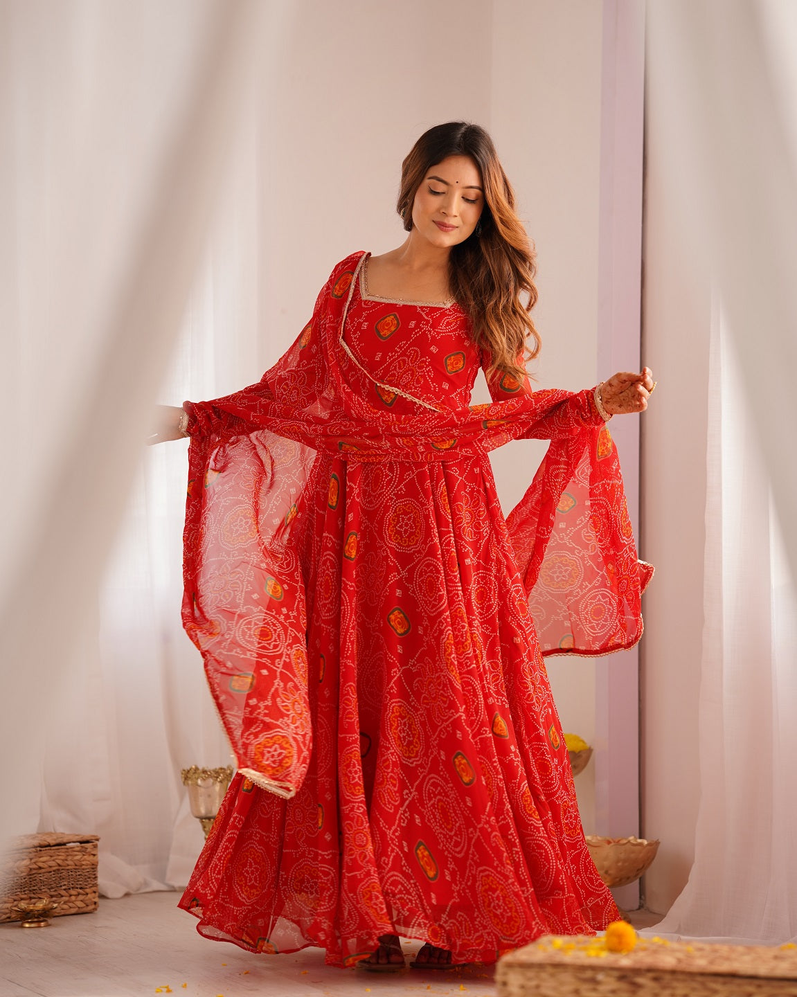 Evanik Red Pure Lightweight Chiffon Bandhej Design Anarkali Pant With Dupatta - Distacart