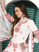 Thumbnail for Sangria White Ethnic Motifs Embroidered Notch Neck Cotton Kurta With Trouser & Dupatta - Distacart