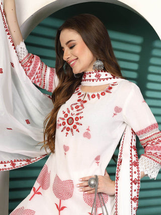 Sangria White Ethnic Motifs Embroidered Notch Neck Cotton Kurta With Trouser & Dupatta - Distacart