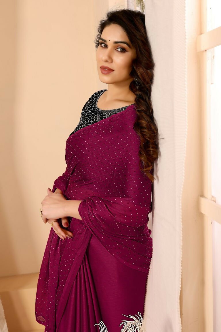 Aafreen Partywear Designer Pink Satin Chiffon Fancy Saree - Distacart