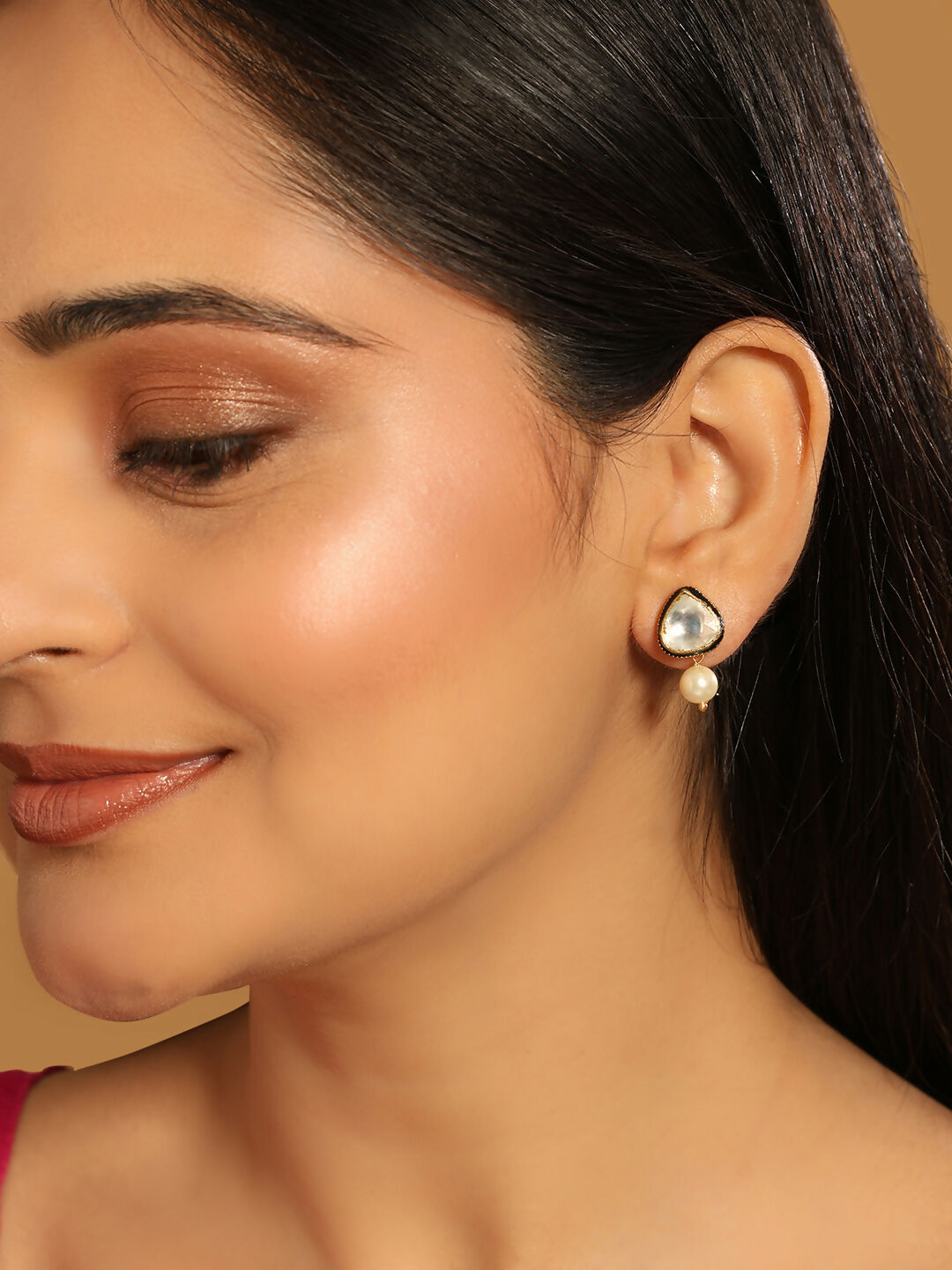 Nuyug 22K Gold Plated Kundan Stone Ethnic Mini Pearl Drop Studs