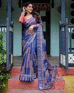 Thumbnail for Rivasha fashion Women Cotton Linen With ethnic prints Saree - Deep Indigo Blue