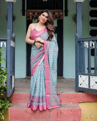 Rivasha fashion Pure Linen Saree with Tassels - MultiColor
