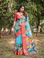 Thumbnail for Rivasha fashion Luxurious Tussar Silk With Traditional Hand-Painted Floral & Peacock Print Saree - Sky Blue