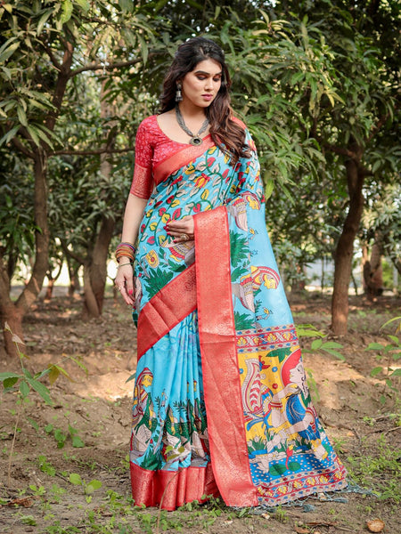 Rivasha fashion Luxurious Tussar Silk With Traditional Hand-Painted Floral & Peacock Print Saree - Sky Blue