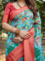 Thumbnail for Rivasha fashion Luxurious Tussar Silk With Traditional Hand-Painted Floral & Peacock Print Saree - Sky Blue