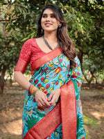 Thumbnail for Rivasha fashion Luxurious Tussar Silk With Traditional Hand-Painted Floral & Peacock Print Saree - Sky Blue