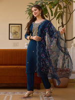 Thumbnail for Rivasha Fashion Viscose Chanderi Embroidered Kurti With Pant And Dupatta - Blue