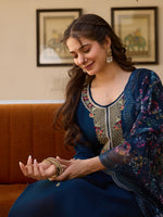 Thumbnail for Rivasha Fashion Viscose Chanderi Embroidered Kurti With Pant And Dupatta - Blue