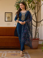 Thumbnail for Rivasha Fashion Viscose Chanderi Embroidered Kurti With Pant And Dupatta - Blue