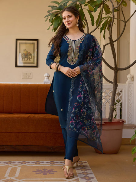 Rivasha Fashion Viscose Chanderi Embroidered Kurti With Pant And Dupatta - Blue
