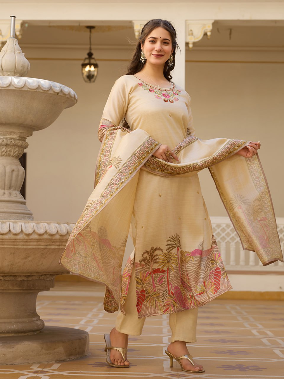 Rivasha Fashion Viscose Assam Silk Embroidered Beads Kurti With Pant And Dupatta - Cream