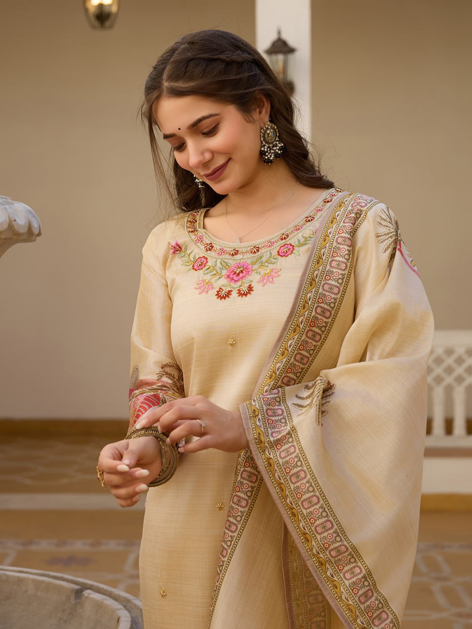 Rivasha Fashion Viscose Assam Silk Embroidered Beads Kurti With Pant And Dupatta - Cream