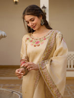 Thumbnail for Rivasha Fashion Viscose Assam Silk Embroidered Beads Kurti With Pant And Dupatta - Cream