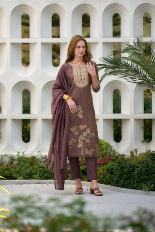 Rivasha Fashion Tissue Silk With Floral Print And Embroidery Kurti With Pant And Dupatta - Light Brown