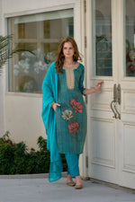 Thumbnail for Rivasha Fashion Tissue Silk With Floral Print And Embroidery Kurti With Pant And Dupatta - Blue
