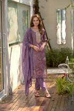 Thumbnail for Rivasha Fashion Tissue Silk With Floral Print And Embroidery Kurti With Pant And Dupatta - Purple