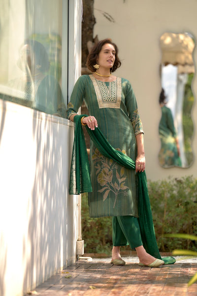 Rivasha Fashion Tissue Silk With Floral Print And Embroidery Kurti With Pant And Dupatta - Green
