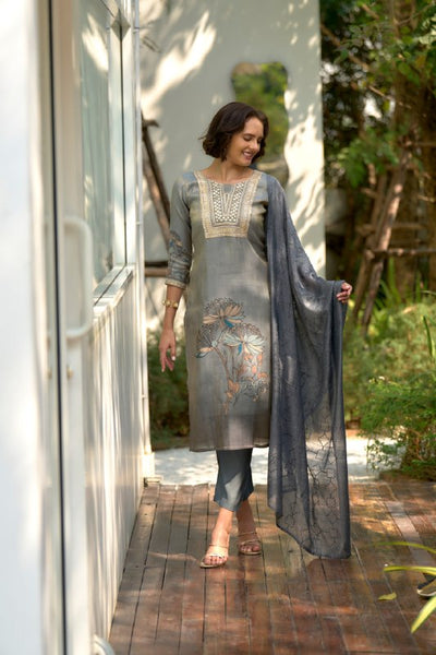 Rivasha Fashion Tissue Silk With Floral Print And Embroidery Kurti With Pant And Dupatta - Grey