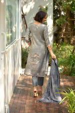 Thumbnail for Rivasha Fashion Tissue Silk With Floral Print And Embroidery Kurti With Pant And Dupatta - Grey