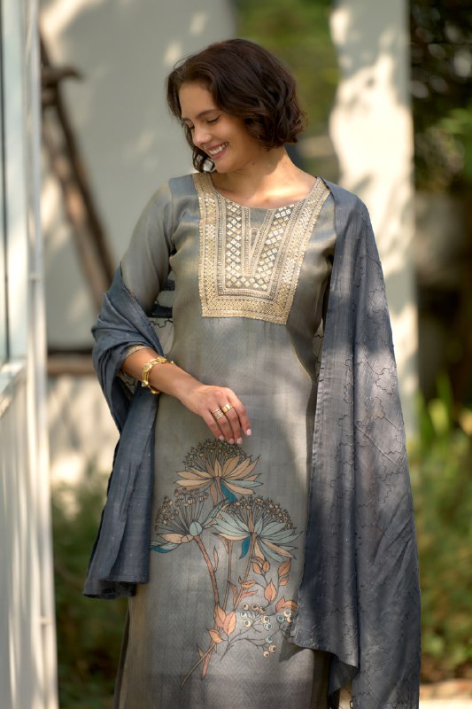 Rivasha Fashion Tissue Silk With Floral Print And Embroidery Kurti With Pant And Dupatta - Grey