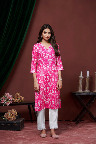 Rivasha Fashion Women Cotton Linen With Printed Kurti - Pink